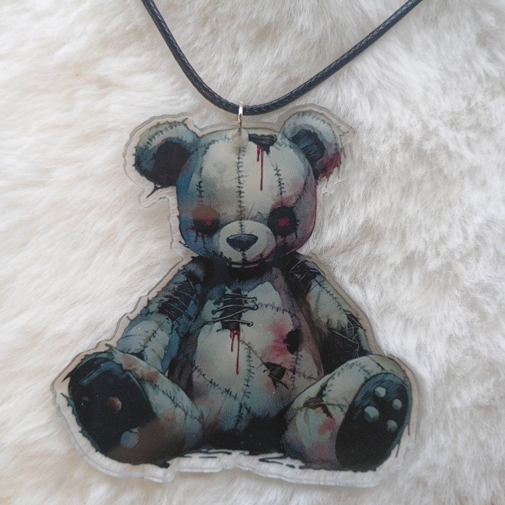 2/$10 Gothic Stitched Teddy Bear Pendant Necklace - Blue Gray